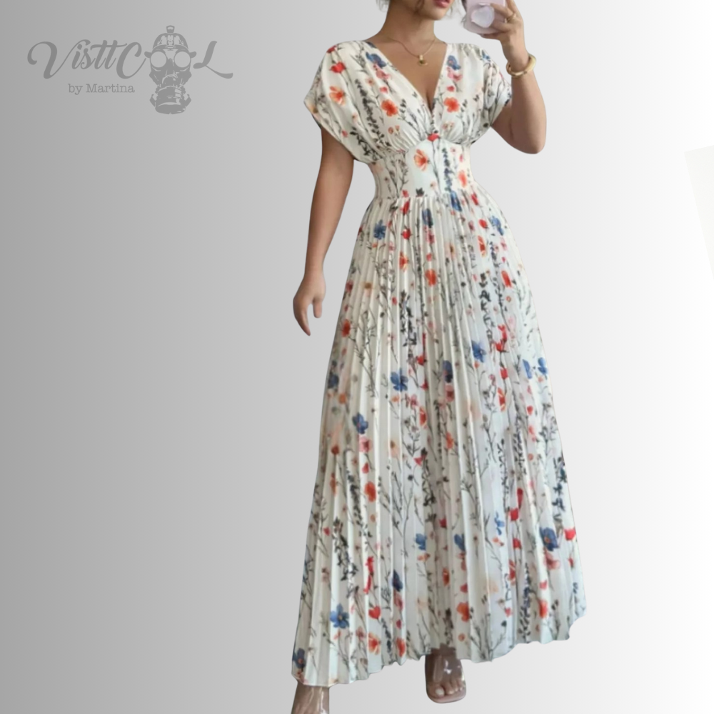 Visttcool - Maxi Vestido Plisado "Garden Muse" | Estampado Floral & Escote en V