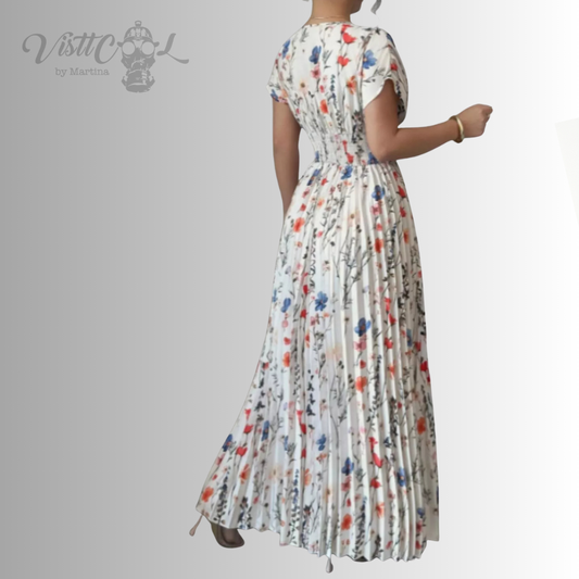 Visttcool - Maxi Vestido Plisado "Garden Muse" | Estampado Floral & Escote en V