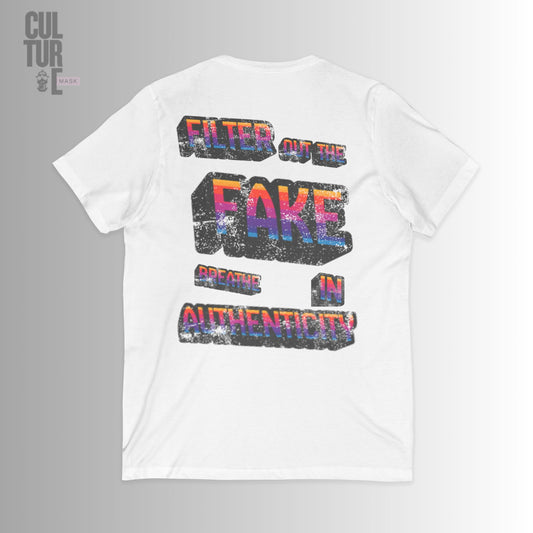 Culture Mask - Camiseta V-Neck "Filter Out the Fake" | Blanca Retro 3D