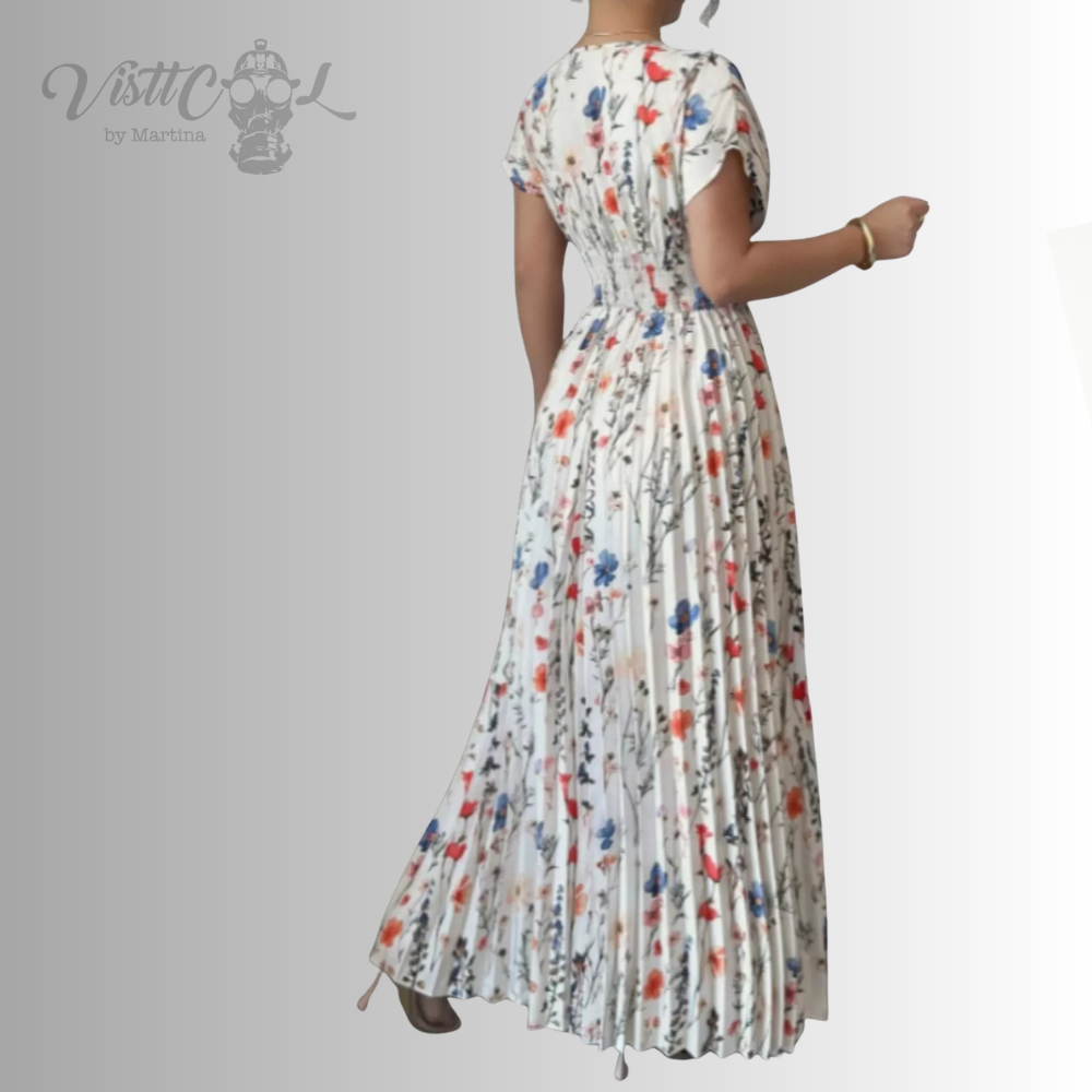 Visttcool - Maxi Vestido Plisado "Garden Muse" | Estampado Floral & Escote en V