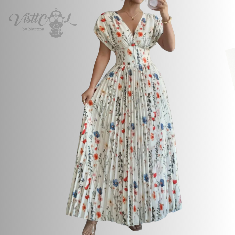 Visttcool - Maxi Vestido Plisado "Garden Muse" | Estampado Floral & Escote en V
