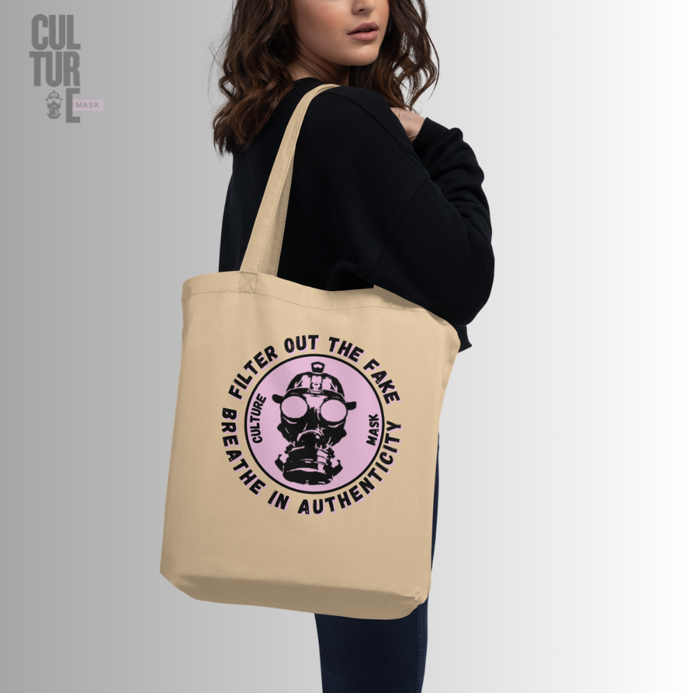 Bolsa de tela ecológica de algodón orgánico certificado color beige con ilustración urbana retro de Mask Culture
