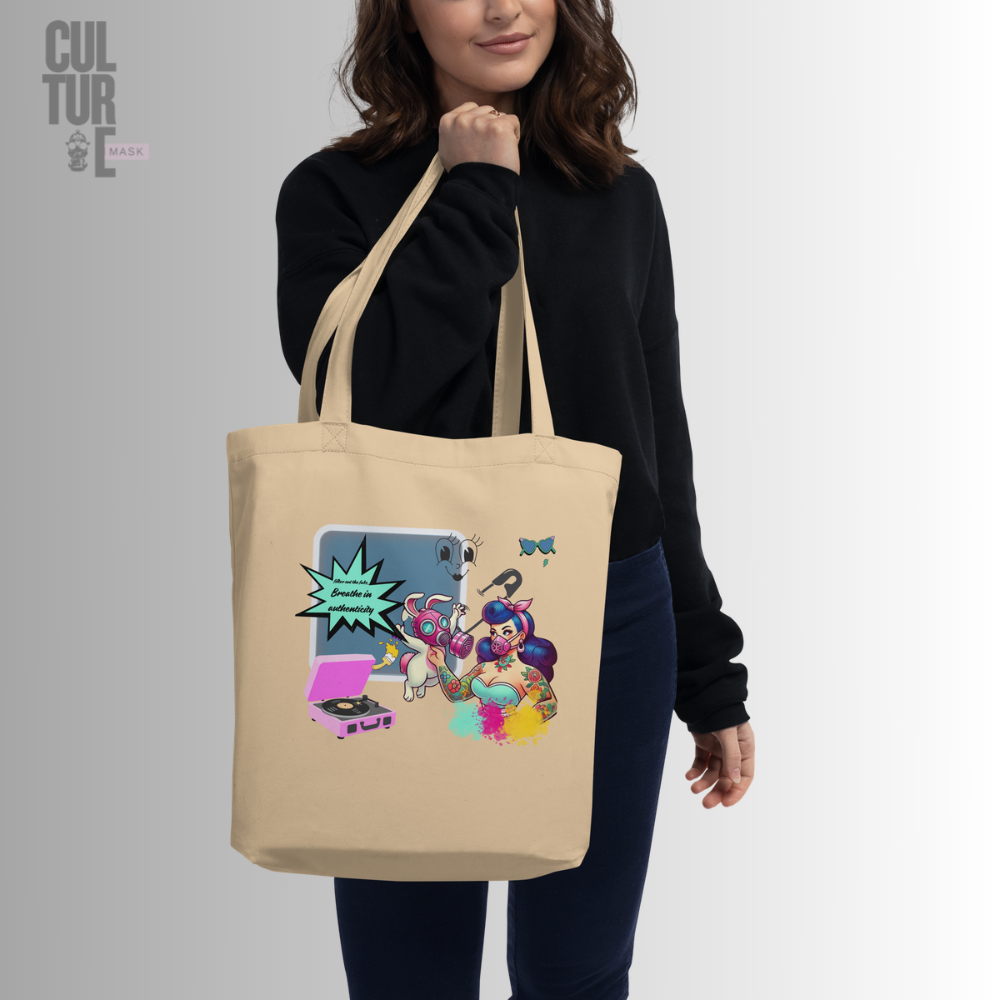 Bolsa de tela ecológica de algodón orgánico certificado color beige con ilustración urbana retro de Mask Culture