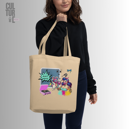 Bolsa de tela ecológica de algodón orgánico certificado color beige con ilustración urbana retro de Mask Culture