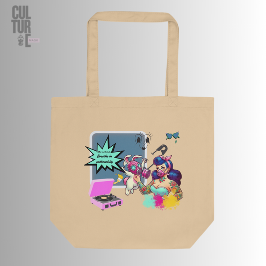 Bolsa de tela ecológica de algodón orgánico certificado color beige con ilustración urbana retro de Mask Culture