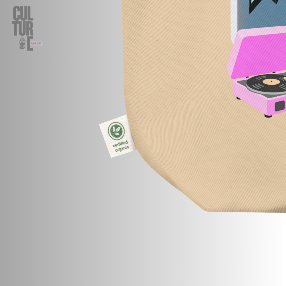 Bolsa de tela ecológica de algodón orgánico certificado color beige con ilustración urbana retro de Mask Culture
