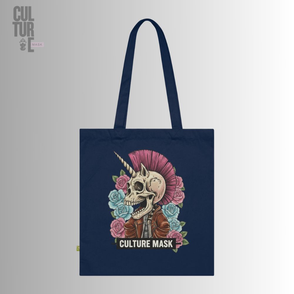 Bolsa de tela azul de algodón orgánico con diseño de calavera unicornio punk de Culture Mask.