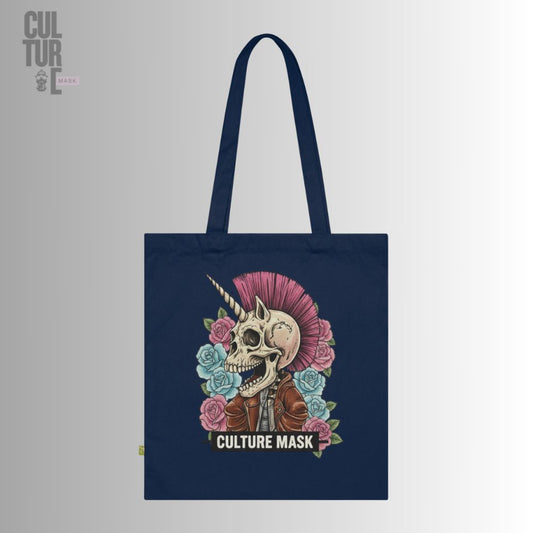 Bolsa de tela azul de algodón orgánico con diseño de calavera unicornio punk de Culture Mask.