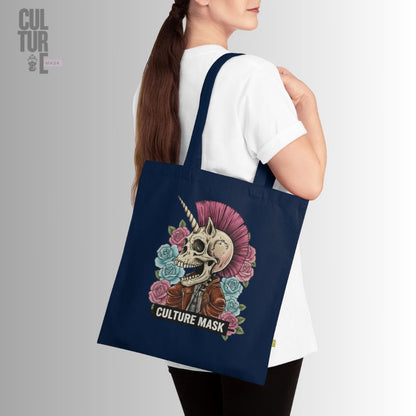 Bolsa de tela azul de algodón orgánico con diseño de calavera unicornio punk de Culture Mask.